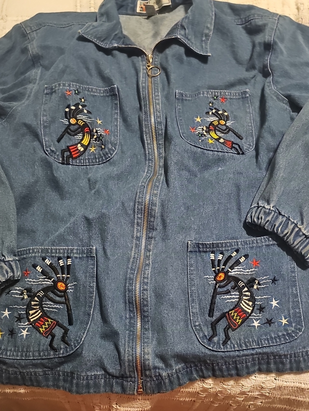 Embroidered Denim Jacket  Kokopelli Motifs 90s Large Vintage Jean